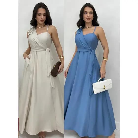 Vestido longo com laço no ombro, alça única regulável, cinto, forro e bojo | Casamento, festa e casual.