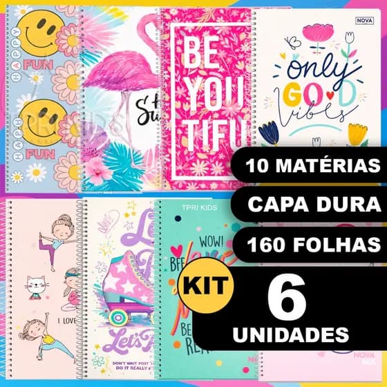 Kit 6 Cadernos 10 Matérias Capa Dura Grande Espiral Menina Material Escolar Faculdade Escola Curso