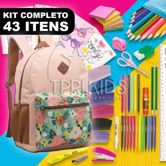 Kit Material Escolar Completo Mochila Menina Jasmin Estojo Caderno Fundamental Médio Faculdade