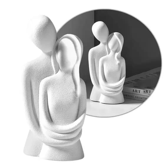 Kit Escultura Casal Se Abraçando em Gesso Cru - Decoração Minimalista para Sala, Quarto e Escritório