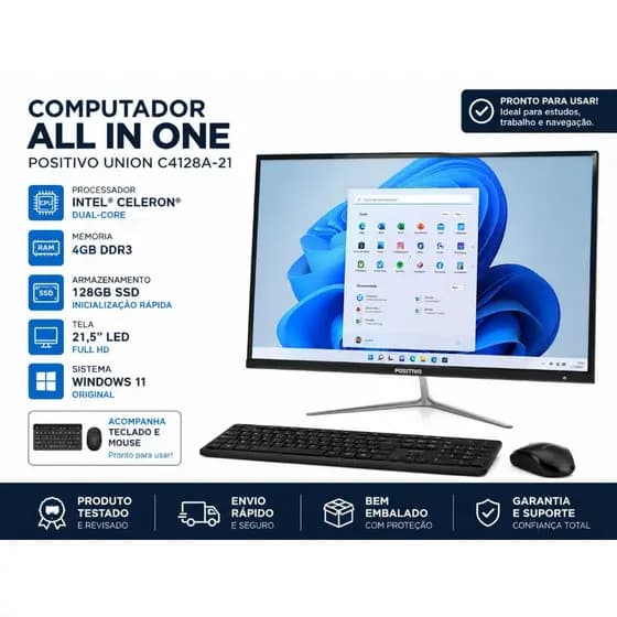 Computador All In One Positivo 21,5” Intel Celeron 4GB SSD 128GB Windows 11