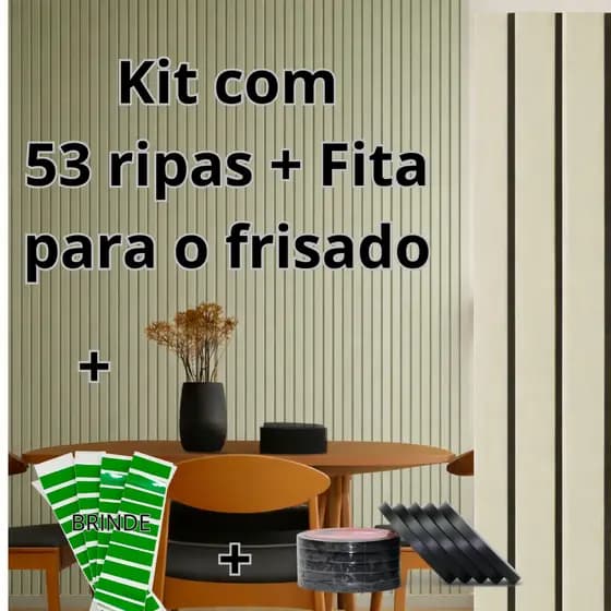 Novo Kit até 53 Ripa Ripado Verde Off Frisado MDF 3mm com rolo de Fita Preta Autocolante | Decorativo Premium