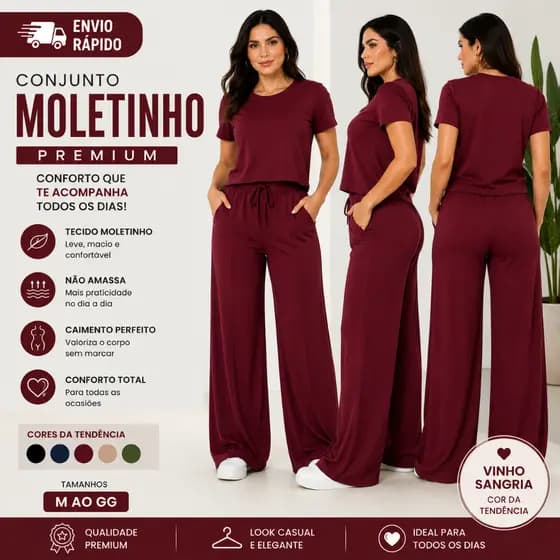 CONJUNTO FEMININO MOLETINHO PREMIUM CALÇA PANTALONA E BLUSA PRONTA ENTREGA