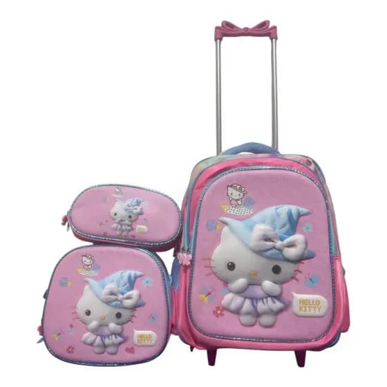 Kit Mochila Hello Kitty Infantil Menina de Rodinhas 3D Alto Relevo com Lancheira Térmica e Estojo