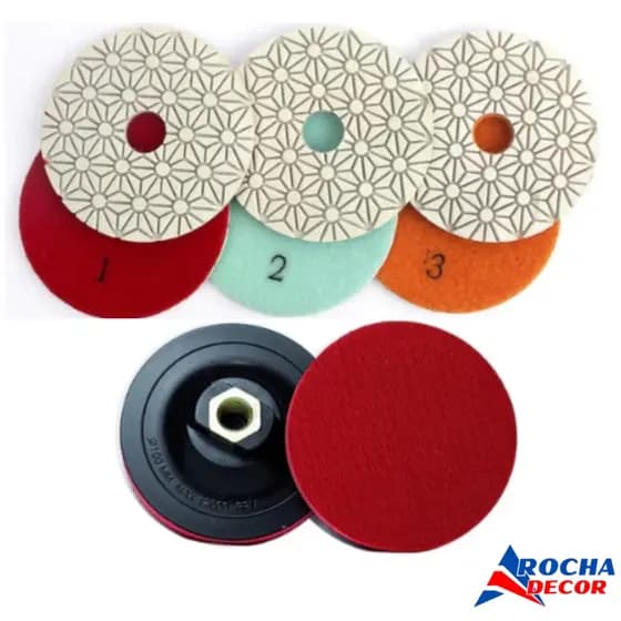 Kit 3 Lixas Diamantadas 3 Passos Polir Granito Mármore + 1 Suporte 100mm