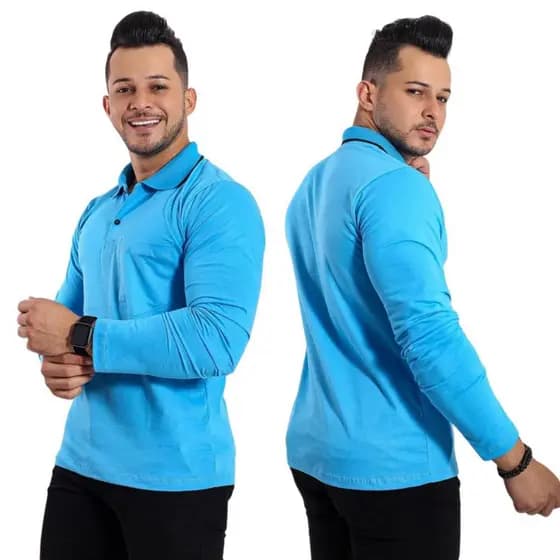KIT 2 CAMISA CAMISETA GOLA POLO MANGA LONGA COM BOLSO ALGODÃO MALHA FIO 30 ESTILO CASUAL MODA MASCULINA