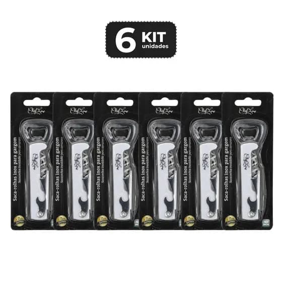 KIT 6 SACA ROLHA E ABRIDOR DE INOX MULTIUSO 12 CM