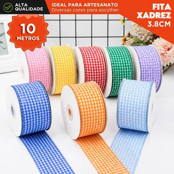 Fita Xadrez 38mm Rolo com 10 Metros Para Laços Artesanato Festa Junina Costura Embalagens - AVIV