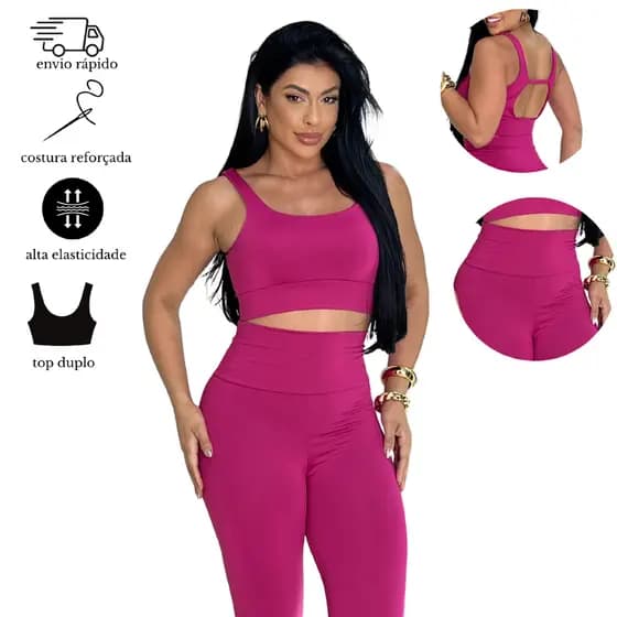 Conjunto Fitness Feminino Calça Cintura Alta Cós Anatômico + Top Duplo Confortável