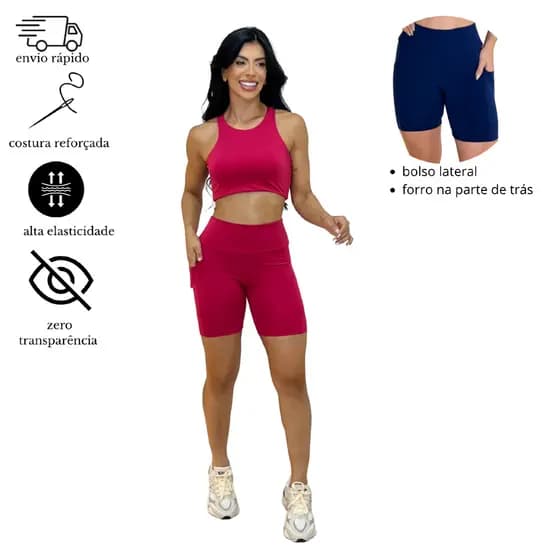 Conjunto Fitness Feminino Academia Short com Bolso Top Duplo Zero Transparencia Treino Corrida