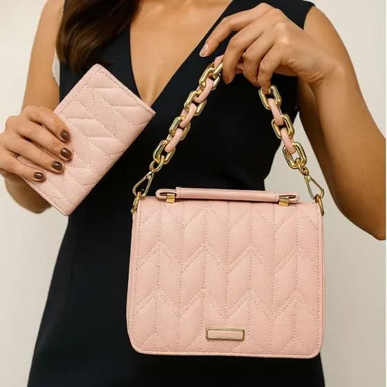 Bolsa Feminina com Carteira Couro PU Alça de Mão e Ombro Transversal Ajustável Alta Qualidade