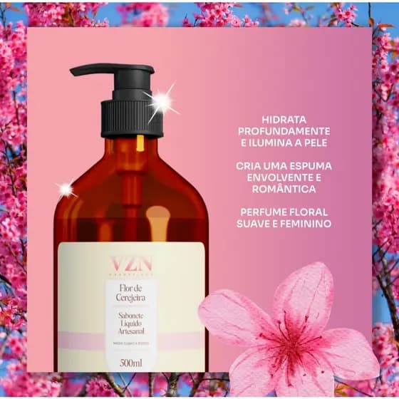 VZN CÓSMETICOS Sabonete Líquido Artesanal 500ml Flor de Cerejeira – Delicado, Hidratante e Perfumado