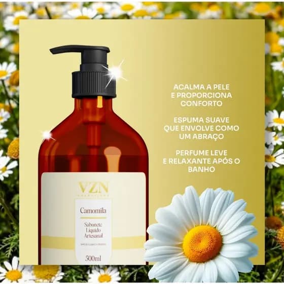 VZN CÓSMETICOS Sabonete Líquido Artesanal 500ml Camomila – Calmante Natural e Hidratação Suave