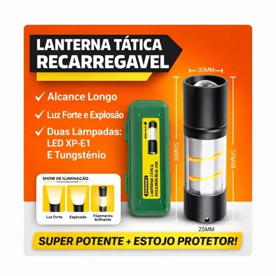 Lanterna LED Potente Recarregável USB com Zoom para Emergência