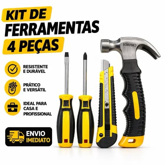 kit de Ferramenta 4 Peças Profissional Martelo + Chaves + Estilete Alta Resistência Uso Diário - Envio imediato
