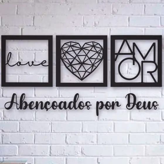 Kit 3 Quadros Decorativo Sala Love Coração Geométrico Amor + Frase Abençoados por Deus MDF 3mm Preto