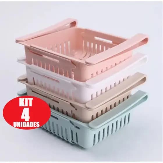 Organizador de Geladeira Ajustável Deslizante Kit 4 Unidades | Cesta Organizadora Retrátil Multiuso
