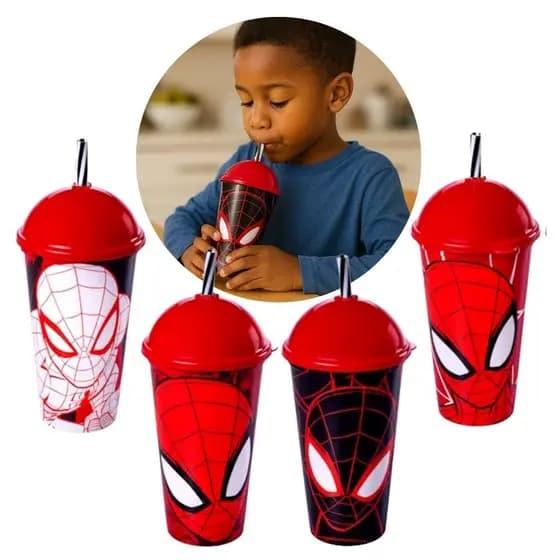 Copo Com Tampa e Canudo Homem-Aranha 500ml Meninos sem BPA Vermelho Criança Infantil Spider Man