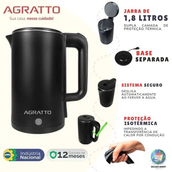Chaleira Elétrica Térmica Aroma 1,8 Litros Agratto Moderna Jarra 1500w Preta Dupla Camadas 110V/220V