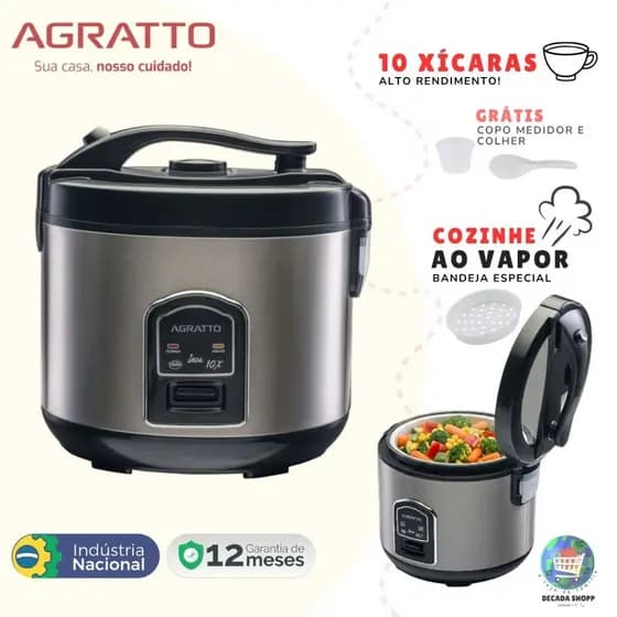 Panela Elétrica de Arroz Agratto Inox 10X Visor Vidro 700W 127V/220V Original Bandeja Legumes 5 em 1