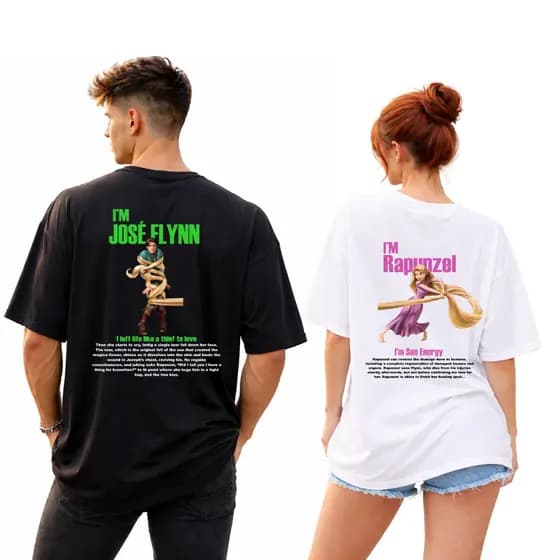 Kit Camiseta Casal Combinando Rapunzel e José Flynn Desenho Fofo Lançamento Envio Imediato
