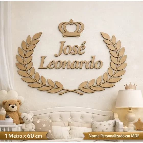Nome Decorativo Personalizado para Quarto Infantil MDF | Painel Nome Bebê 1m x 60cm Tema Príncipe Coroa