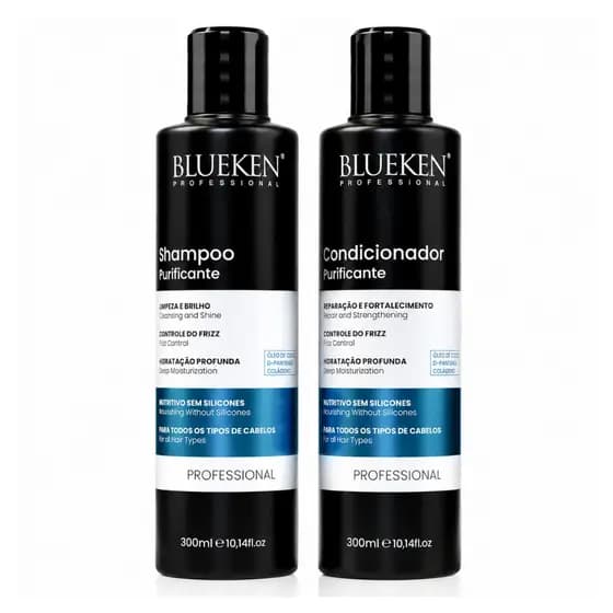 Kit Shampoo e Condicionador Purificante Blueken 300ml Hidratação Brilho e Controle do Frizz ORIGINAL