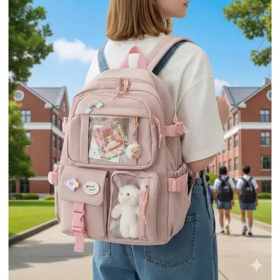 Mochila Feminina Moderno e versátil Escolar Passeio Coreano Grande Capacidade Com Chaveiro Impermeável