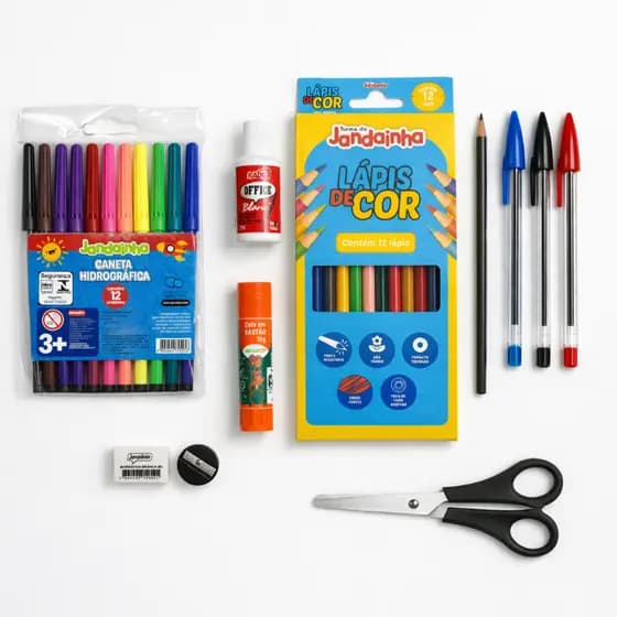 Kit Escolar Completo com Lápis de Cor, Canetinhas, Canetas, Tesoura, Borracha, Apontador e Corretivo
