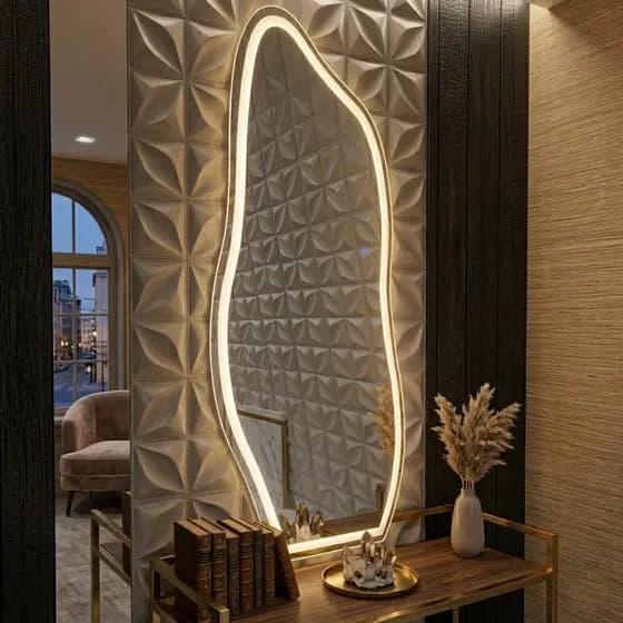 Espelho Corpo inteiro Orgânico Flame Jateado Led 120cm x 50cm Led Branca e Amarela Quarto Salão Loja