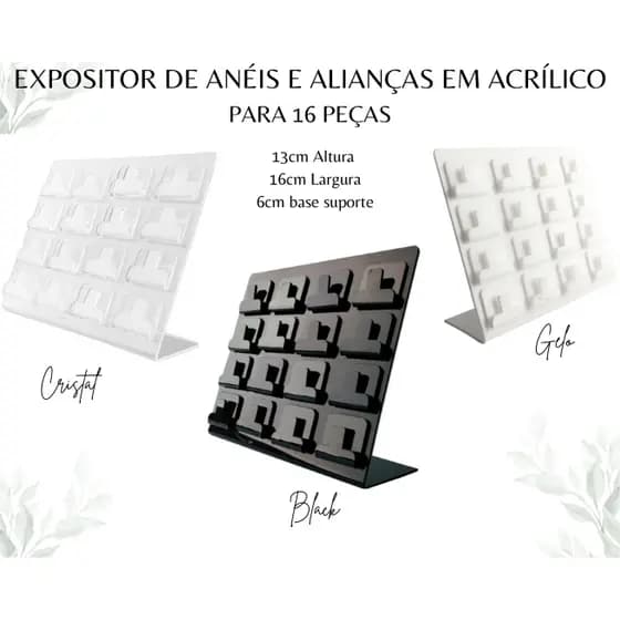 Painel Expositor para 16 peças de Anel e Aliança 100% Acrílico ANACARDIER