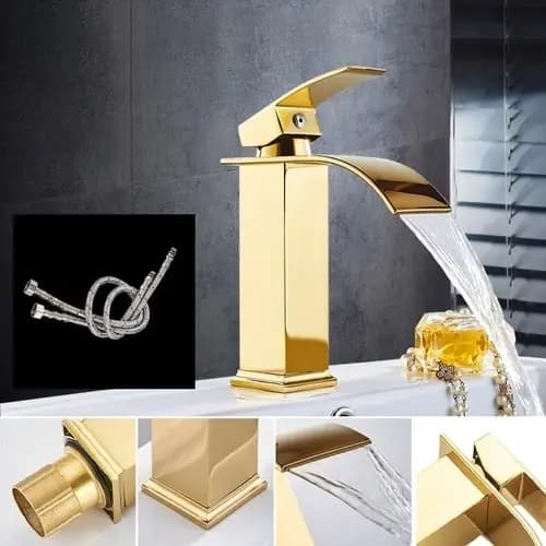 Kit Torneira para Banheiro Monocomando Cascata Alta Dourada Com Válvula Ralo Click-Up Luxo Dourada
