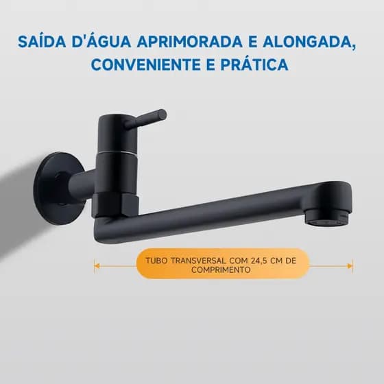 Torneira para Pia de Rodo/Lavanderia com Giro 360° – Instalação na Parede – Água Fria – Preto Fosco