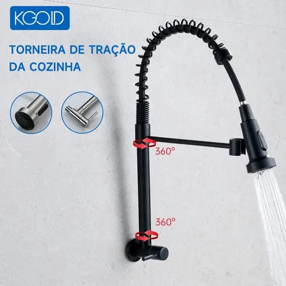 Torneira Gourmet com Mola Cozinha 360° Parede Dourada Dupla Saída de Água