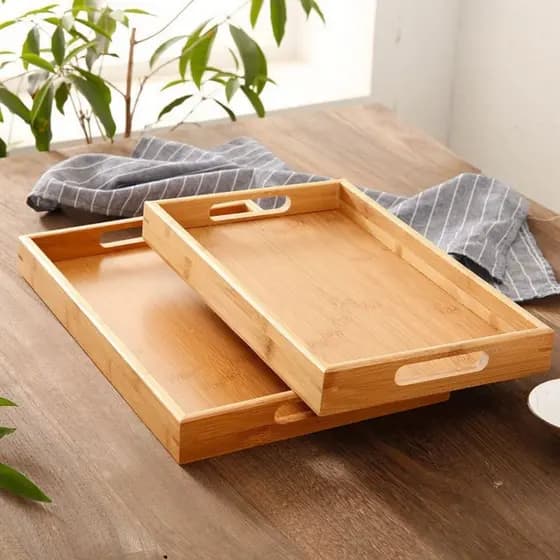 Bandeja Retangular De Bambu 46x33cm com Alça Reta Resistente Leve Multiuso Café Decoração Premium