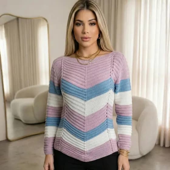 Blusa De Frio Feminina Tricot Manga Longa Zig Zag Inverno Versátil Básica