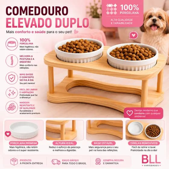 Comedouro Bebedouro Duplo Elevado Para Caes Cachorros E Gatos 330ML Branco