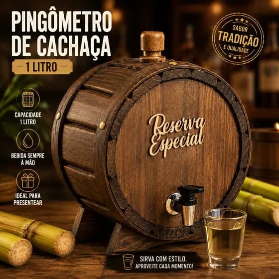 Pingômetro Barrica 1 Litro Madeira Artesanal Barril de Cachaça Artesanal