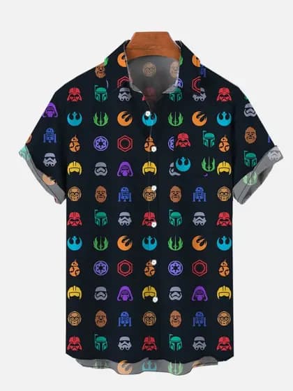 Havaiano Colorido Ficção Científica Espaço Guerra Elementos Impressão Bolso De Peito Camisa De Manga Curta Solta Versáti