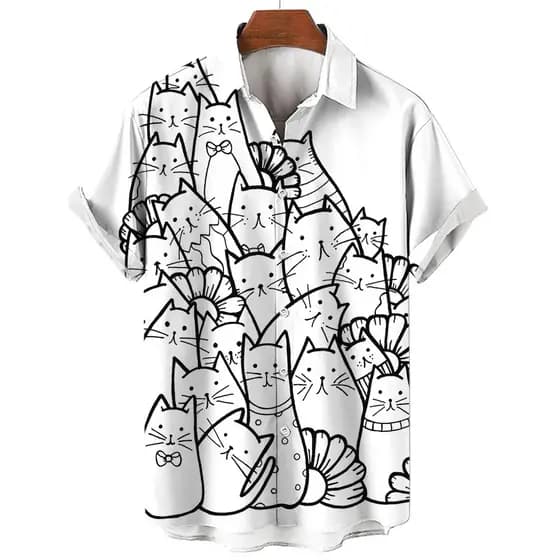 Camisa Masculina De Manga Curta Moda Cartoon Linha Gato Padrão Impressão Topo Feminino Casual Botão