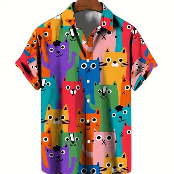 Camisa De Flor Havaiana Masculina Verão Fina Solta Tamanho Grande Manga Curta 3D Impressão Digital Gato Padrão Personali