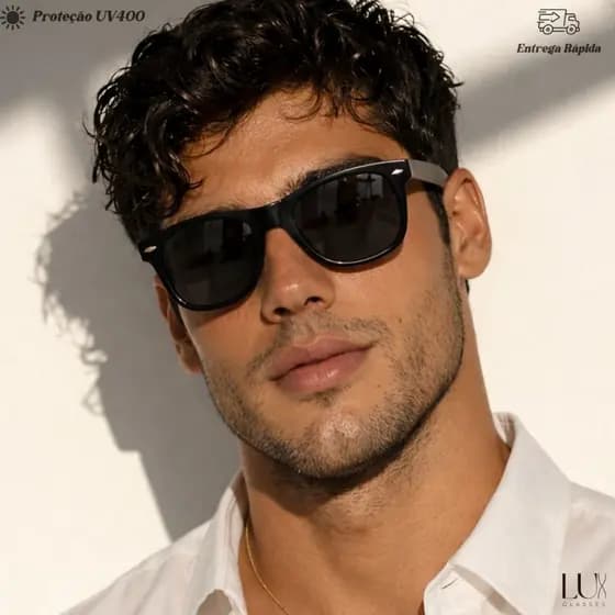 Óculos de Sol Masculino Quadrado Preto UV400 Proteção Solar Retrô Estiloso Lux Glasses