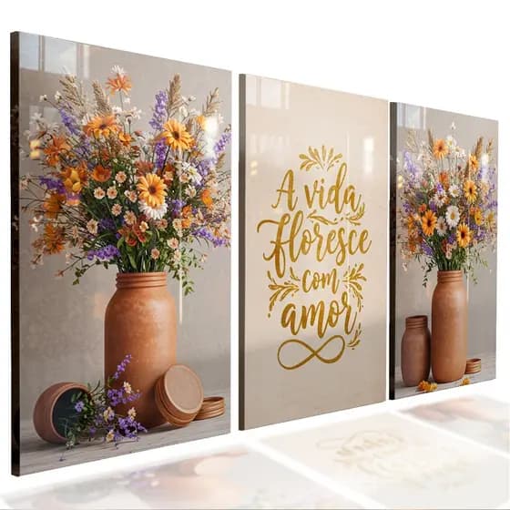 Quadro Decorativo Sala Quarto Vida Floresce Com Amor Vasos Flores Decoração