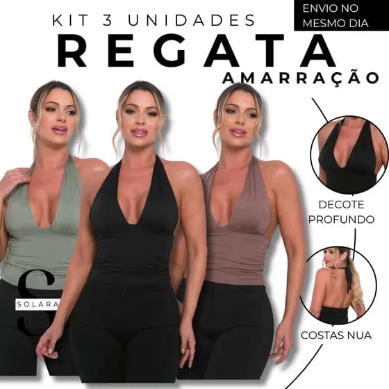 KIT 03 Regata Amarraçao Costas Aberta Decote Blusa Amarra No Pescoço Sem Transparencia