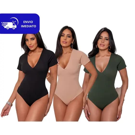 Body Decote aberto V Canelado Manga Curta Feminino