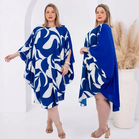Vestido Kaftan Feminino Plus Size Manga Morcego Estampado Dunas Curto Soltinho Confortável Casual