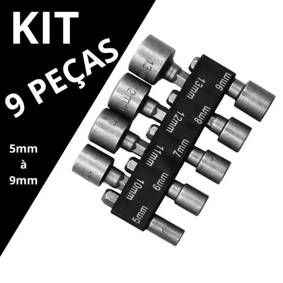 Kit Soquete Magnético Sextavado para Parafusadeira e Furadeira 9 Peças 5mm a 13mm