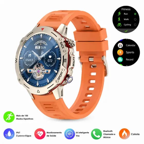Smartwatch Dourado 1.39” TFT HD 360x360 | Chamadas Bluetooth, Frequência Cardíaca, 100 Modos Esportivos e Monitoramento