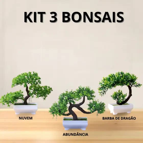 Kit 3 Árvores Bonsai Realistas Artificiais Barba de Dragao Abundância e Nuvem Beleza sem Manutenção