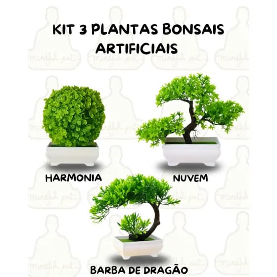 Kit 3 Plantas Bonsais Artificiais – Elegância e Sofisticação Nuvem, Harmonia e barba de Dragão